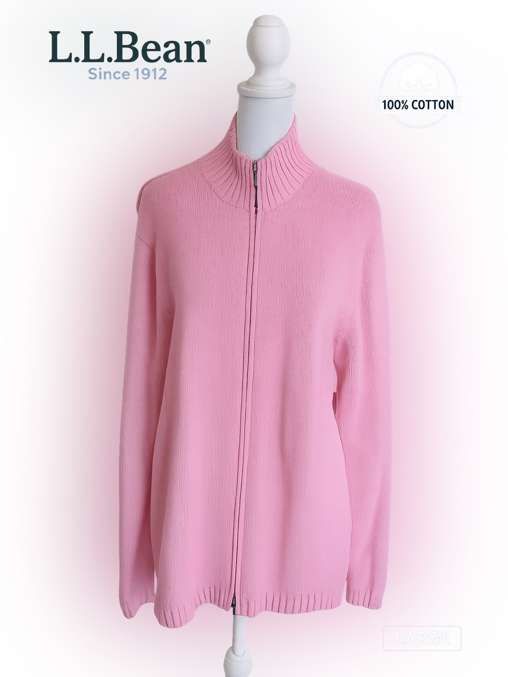 VTG L.L. Bean Light Pink Cotton Zip-Up Cardigan 100% Cotton